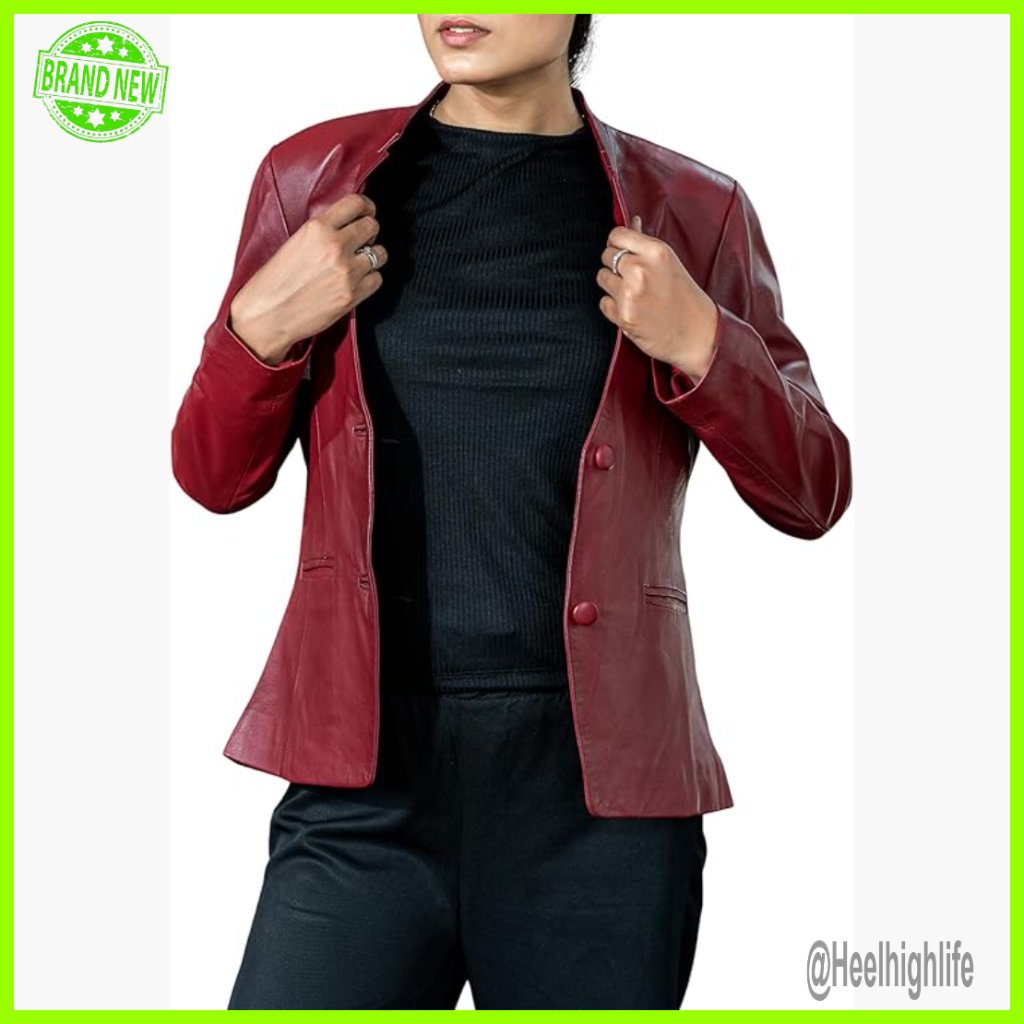 Genuine Leather Blazer Slim Fit Mandarin Collar Invisible Stitch